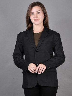 DYWER Solid Single Breasted Formal Women Blazer(Black)