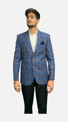gargian master cut Checkered Single Breasted Formal, Party Men Blazer(Blue)