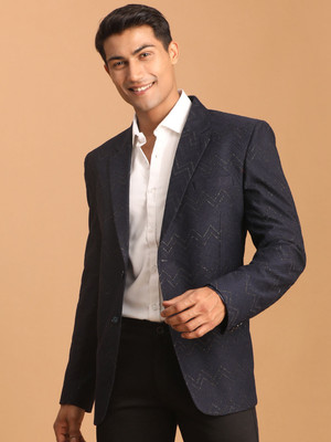 VASTRAMAY Self Design Single Breasted Casual Men Blazer(Dark Blue)