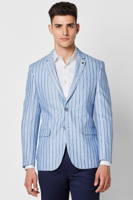 VAN HEUSEN Striped Single Breasted Formal Men Blazer(Blue)