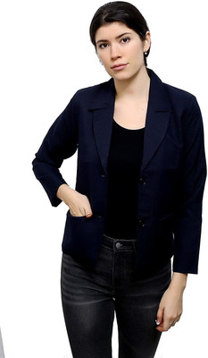 RAWWARRY Solid Single Breasted Formal Women Blazer(Blue)