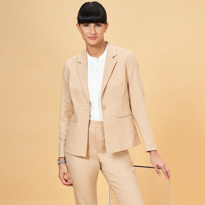 Annabelle by Pantaloons Solid Single Breasted Formal Women Blazer(Brown)