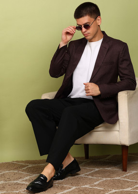 FUBAR Solid Single Breasted Formal Men Blazer(Maroon)