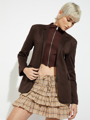 MAX Solid Single Breasted Casual Women Blazer(Brown)