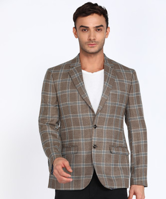 PARK AVENUE Checkered Single Breasted Formal Men Blazer(Grey)