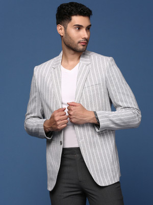SHOWOFFFF Striped Single Breasted Formal Men Blazer(Grey)