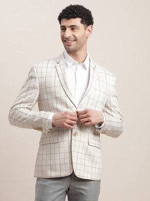 TURTLE Checkered Single Breasted Casual Men Blazer(Beige)