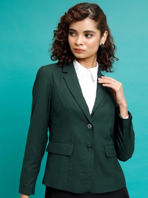 Tokyo Talkies Solid Single Breasted Casual Women Blazer(Green)