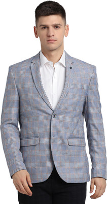 TURTLE Checkered Single Breasted Casual Men Blazer(Blue)