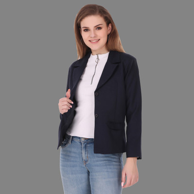 Flickz Solid Single Breasted Casual Women Blazer(Blue)