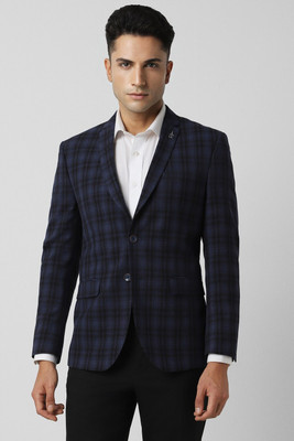 VAN HEUSEN Checkered Single Breasted Formal Men Blazer(Dark Blue)