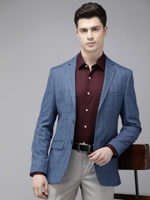 PARK AVENUE Checkered Single Breasted Formal Men Blazer(Dark Blue)