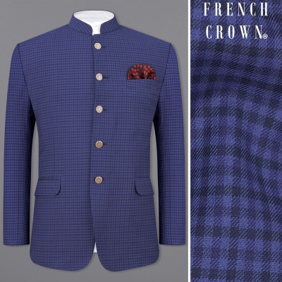 french crown Checkered Bandhgala Festive & Wedding, Party Men Blazer(Blue)