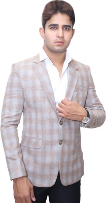 Pecific Designer Checkered Single Breasted Party, Festive & Wedding Men Blazer(Beige)