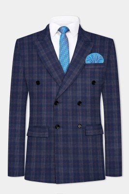 french crown Checkered Double Breasted Festive & Wedding, Party Men Blazer(Blue)