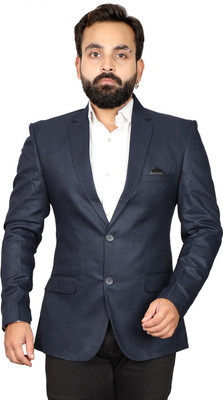 Fourfolds Solid Single Breasted Festive & Wedding Men Blazer(Blue)