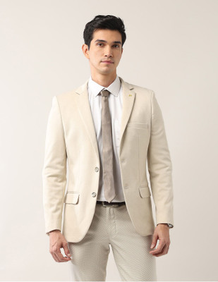 AD by Arvind Solid Single Breasted Formal Men Blazer(Beige)