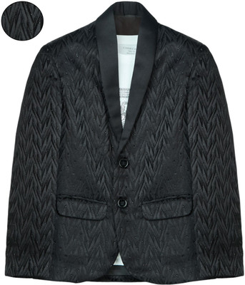Charchit Self Design Single Breasted Party Boys Blazer(Black)