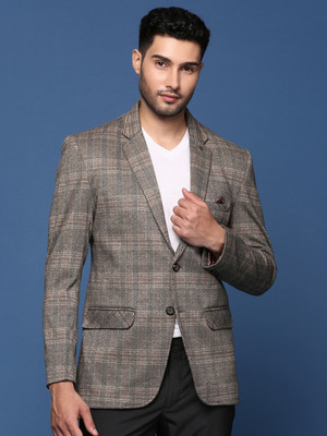SHOWOFFFF Checkered Single Breasted Formal Men Blazer(Grey)