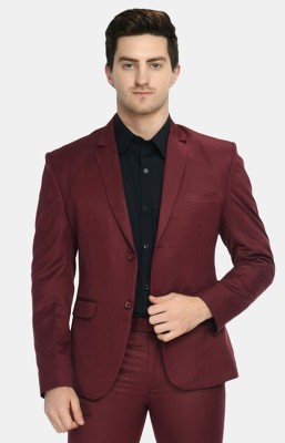 FIVEFEB Solid Single Breasted Formal Men Blazer(Maroon)