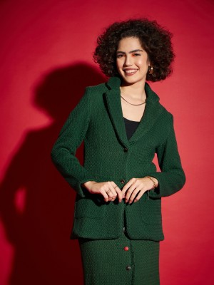 SASSAFRAS Self Design Single Breasted Casual Women Blazer(Green)