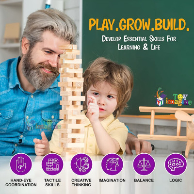Nafhotoz Jenga (Tumbling Tower) 54 pieces Numbered Wooden Blocks with 4 Dices(Brown)