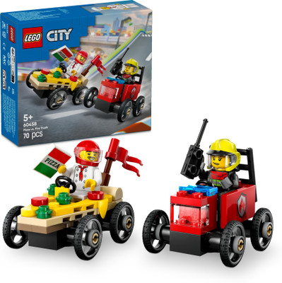LEGO City Pizza vs. Fire Truck Race Car Pack Toy Soapbox Racing Set 60458 (70 Blocks)(Multicolor)