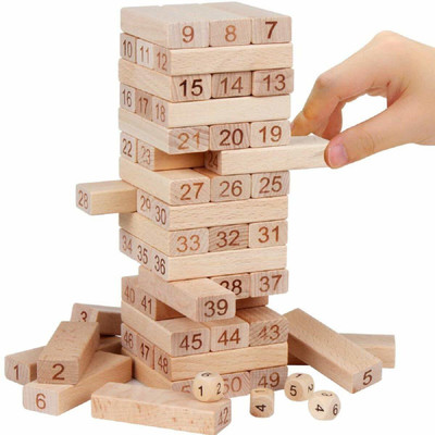 SHUANG YOU Multi Coloured 51 Pcs Blocks 4 Dices Wooden Numbered Building Bricks Stacking Classic Traditional Toppling Tumbling Tower Game Kid Gift - Challenging Maths for Adults and Kids(Brown)