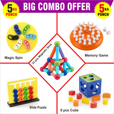 Toy DEKHO 5 in 1 Combo (32pcs Magnetic Stick+Mind Game+Magic Spin+Slide Puzzle+9 pcs Cube)(Multicolor)