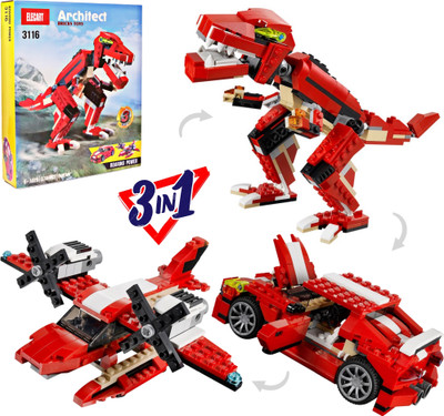 Elecart Roaring Power 3-in-1 Dinosaur Blocks Sports Car with Additional Brickable Models(Red)