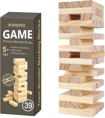 arovemic Fun 39 Pcs Jenga Wooden Block Stacking Game - Family Fun & Skill-Building-S02(Brown)