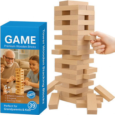 JINGAPLAYME Wooden Stacking Tower Game for Kids & Family | 39 Blocks | Fun Jenga Style Game(Brown)