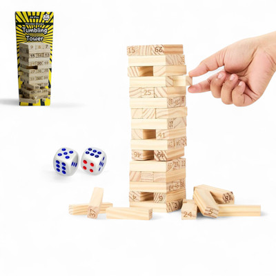 Homentra Wooden Number Jenga Game with Dice, 54 Blocks Stacking Tower Fun Family Game Toy(Beige)
