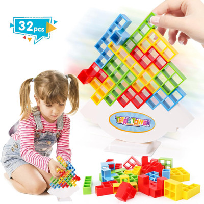 KIDOLOGY 32Pcs Tetra Tower Game - Fun Stacking & Balance STEM Learning Toy For Kids(Multicolor)