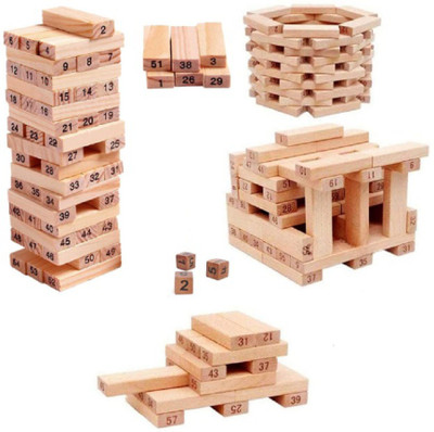 GREST Jenga 48PcWooden Blocks with Numbers and 4 Dices Building Stacking Balancing Toy(Multicolor)