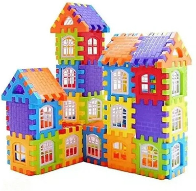 MBK Multicolor House Blocks - 60+ Pcs Small Puzzle Set with Safe Rounded Edges (ARR)(Multicolor)