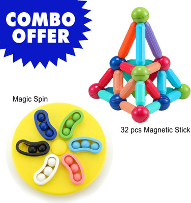 Toy DEKHO Combo Magnetic Sticks 32pcs Building Blocks and Magic Spin Puzzle Games for Kids(Multicolor)