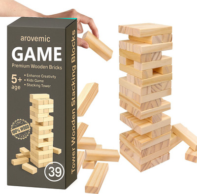 arovemic FUN 39 Pcs Jenga Wooden Block Stacking Tower Game for Kids Ages 5+(Brown)