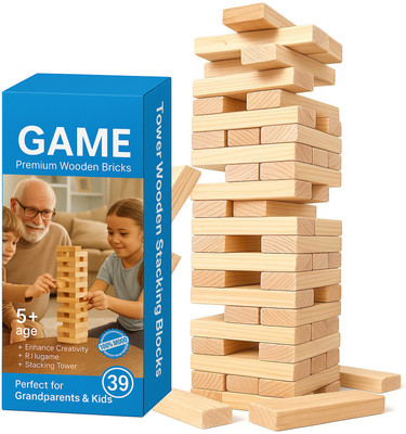 JINGAPLAYME Premium Wooden Jenga Style Blocks for Kids & Adults ( 39 BLOCKS )(Brown)