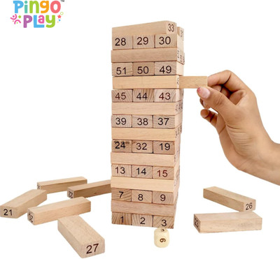 Pingo Play Premium Wooden Number Jenga Tumbling Tower Game | 54 Blocks with 2 Dice(Beige)