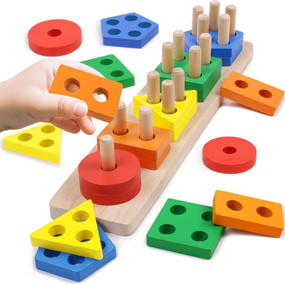 yempaa Wooden Geometric Shape Sorting & Stacking Toy , 5 Column Puzzle (Multicolor)(Multicolor)