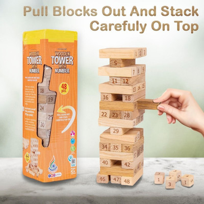 zokato Wooden Building Blocks With Number Puzzle 48 Pcs Challenging 4pcs Dice(Multicolor)
