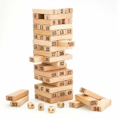 Kn2 MART Tumbling Tower 51 Pieces Numbered Wooden Block Stacking Game with 4 Dices, Challenging Maths Game for Adults and Kids(Multicolor)