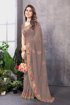 KHRITI FAB Embroidered, Floral Print Bollywood Georgette Saree(Brown)