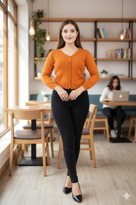 urban trees Woven V Neck Casual Women Yellow Sweater