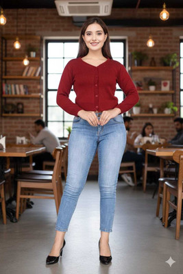 urban trees Woven V Neck Casual Women Red Sweater