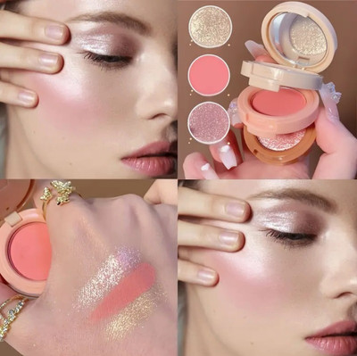 MYEONG 3 In 1 Face Blush Pressed Blusher Highlighter Makeup Kit(Multi Shade)