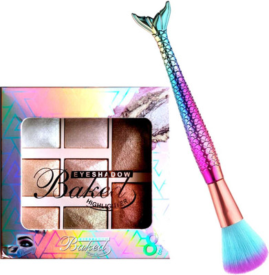 LOVE HUDA HD 3 In 1 Baked 8 Color Blusher, Highlighter, Eyeshadow Palette & Mermaid Brush(Multicolor)