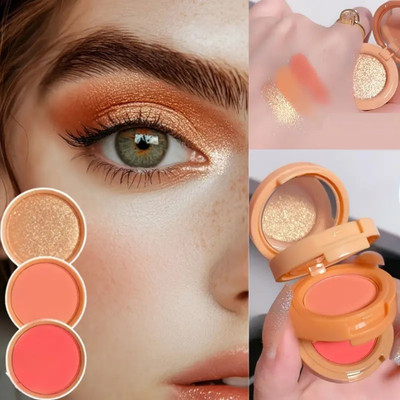 MYEONG 3 In 1 HD Baked 3 Color Blusher, Highlighter, Eyeshadow Palette Highlighter 4.8 g(Multi Shade)