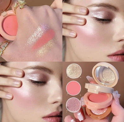 MYEONG 3 In 1 Face Blush Pressed Blusher Highlighter Makeup Palette(Multi Shade)